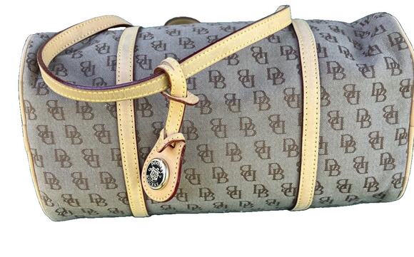Dooney & Bourke Handbags - DOONEY & BOURKE Y2K Vintage Barrel Shoulder Bag Signature Canvas Leather Trim